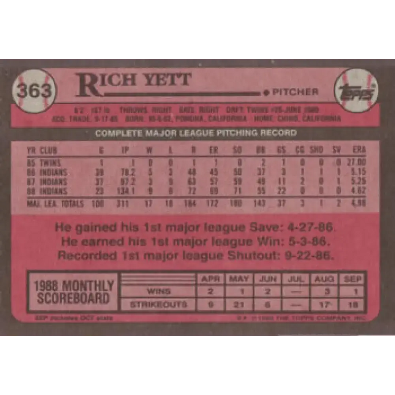 1989 Topps #363 Rich Yett NM-MT Cleveland Indians Baseball Card - Baseball Card Single