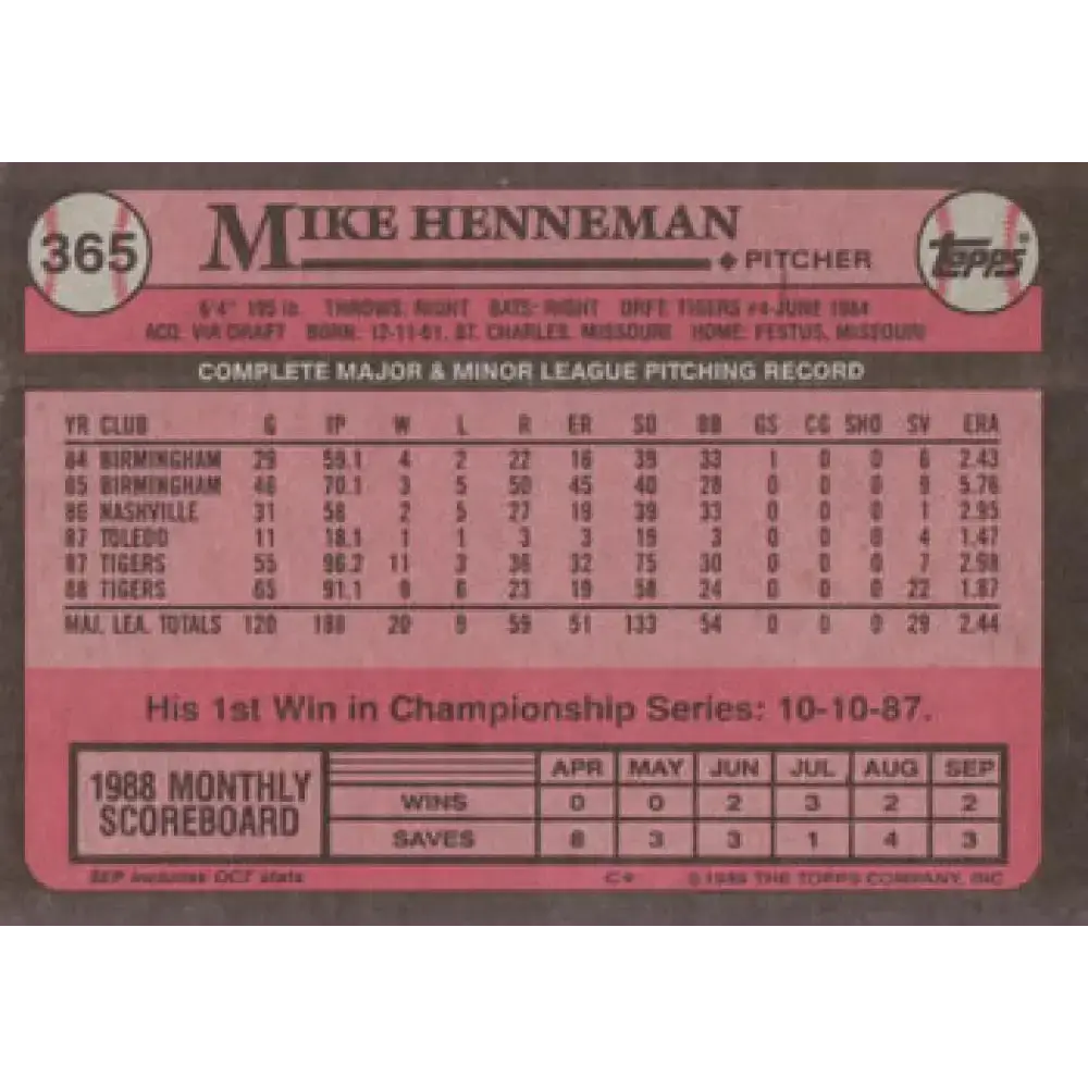 1989 Topps #365 Mike Henneman NM-MT Detroit Tigers Baseball Card - Baseball Card Single