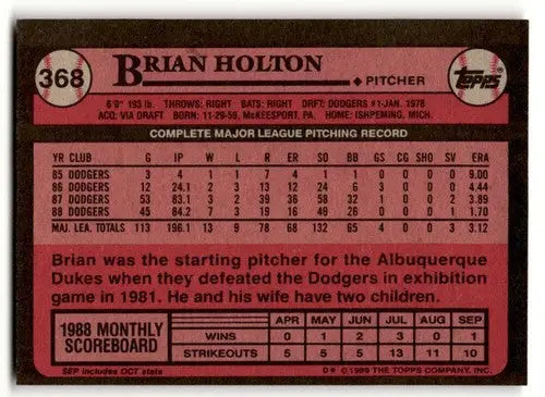 Original gloss Los Angeles Dodgers Brian Holton baseball card 1989 Topps #368