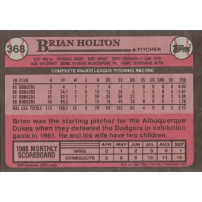 1989 Topps #368 Brian Holton NM-MT Los Angeles Dodgers Baseball Card - Baseball Card Single