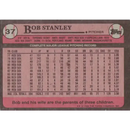 1989 Topps #37 Bob Stanley NM-MT Boston Red Sox Baseball Card