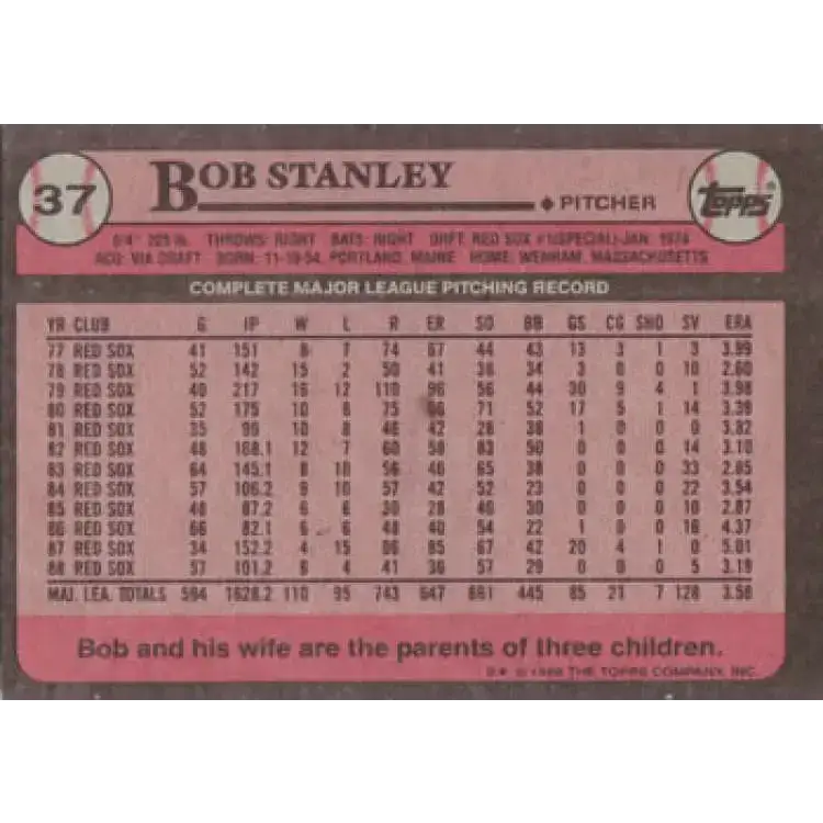 1989 Topps #37 Bob Stanley NM-MT Boston Red Sox Baseball Card - Baseball Card Single