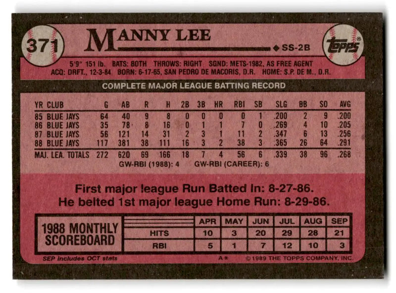 1989 Topps #371 Manny Lee - Baseball Card Single