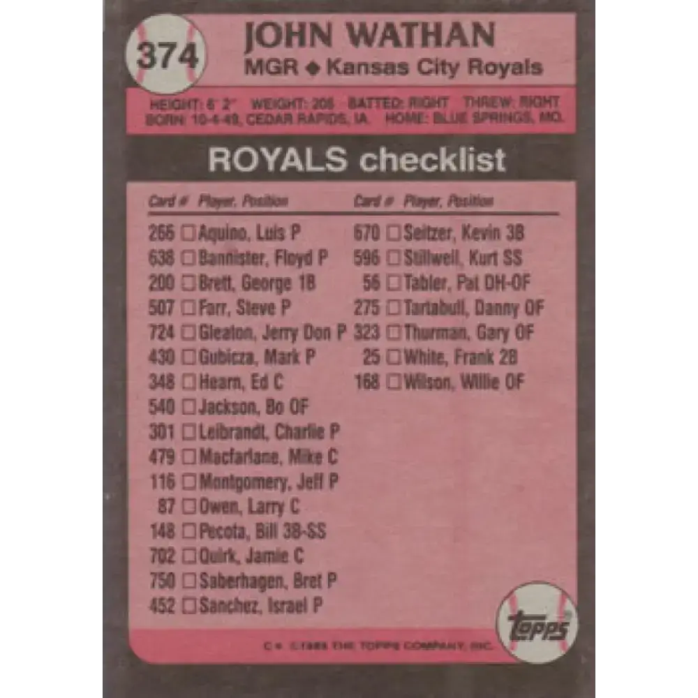 1989 Topps #374 John Wathan MG NM-MT Kansas City Royals Baseball Card - Baseball Card Single