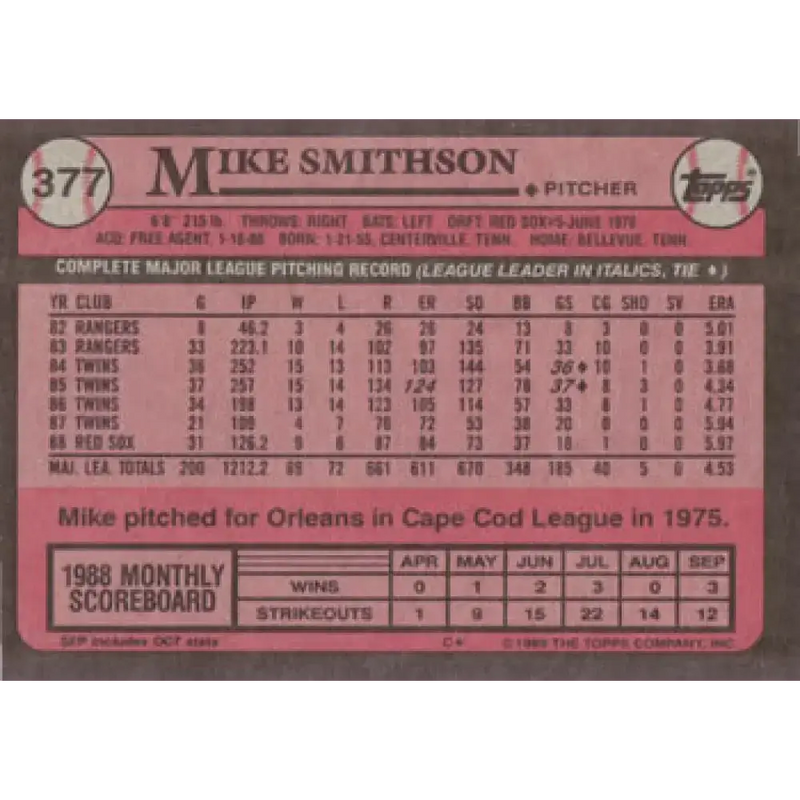 1989 Topps #377 Mike Smithson NM-MT Boston Red Sox Baseball Card - Baseball Card Single