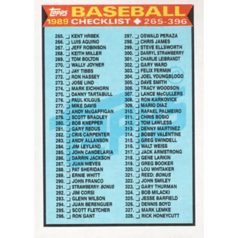 1989 Topps #378 Checklist 265-396 NM-MT N/A Baseball Card - Baseball Card Single
