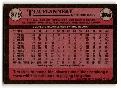 1989 Topps #379 Tim Flannery San Diego Padres Baseball Cards EX/NM ID:53819 - Baseball Card Single