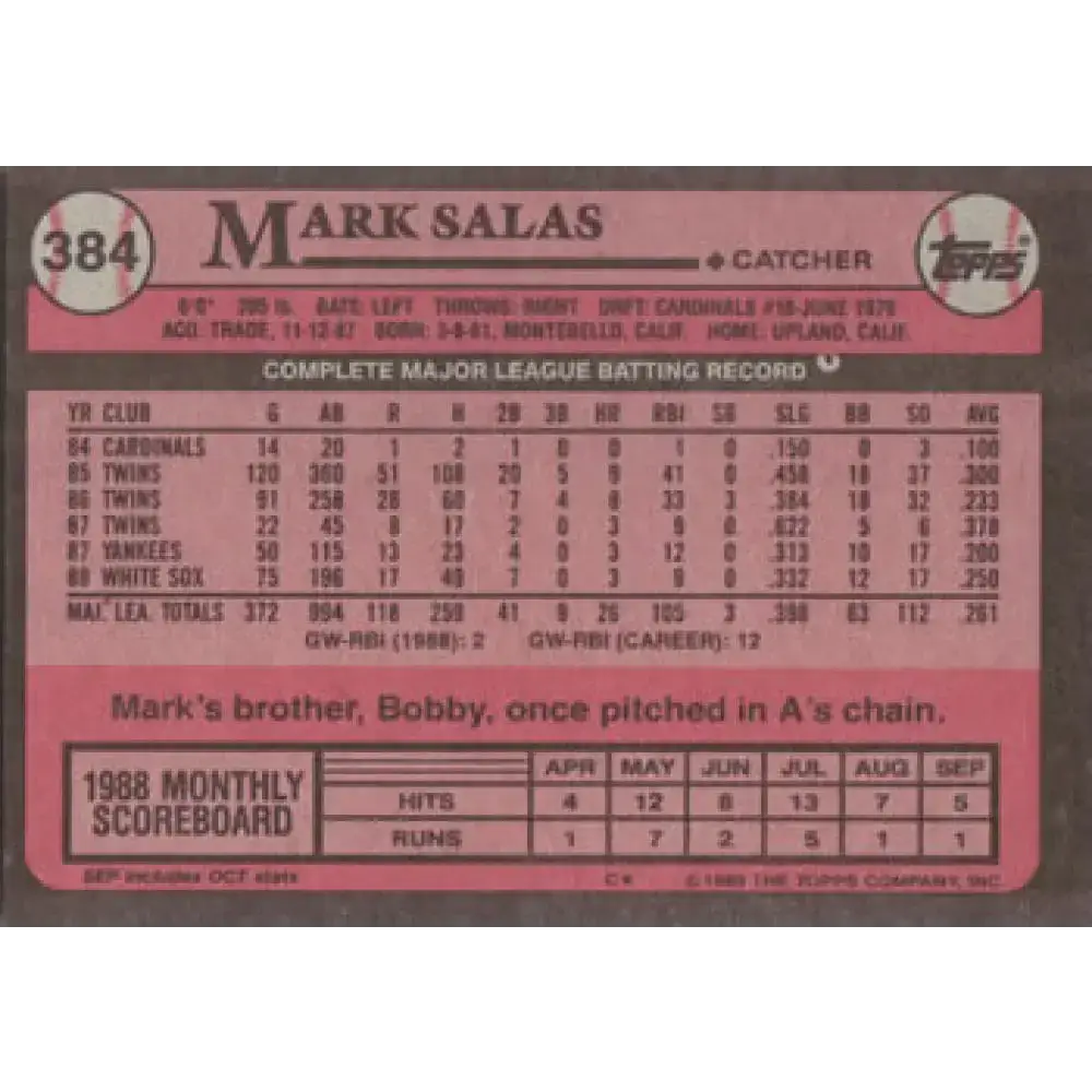 1989 Topps #384 Mark Salas NM-MT Chicago White Sox Baseball Card - Baseball Card Single