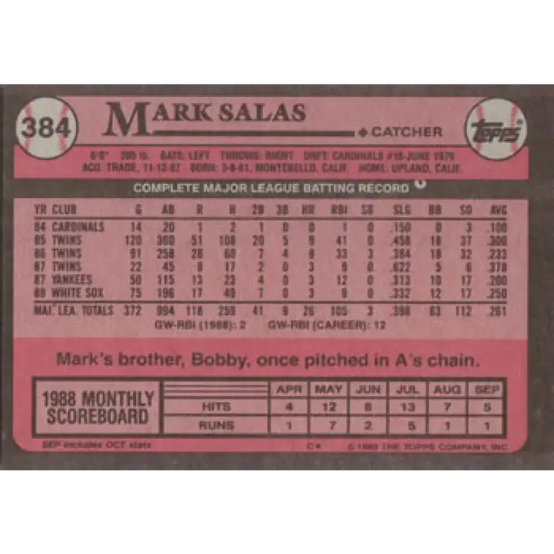 1989 Topps #384 Mark Salas NM-MT Chicago White Sox Baseball Card - Baseball Card Single