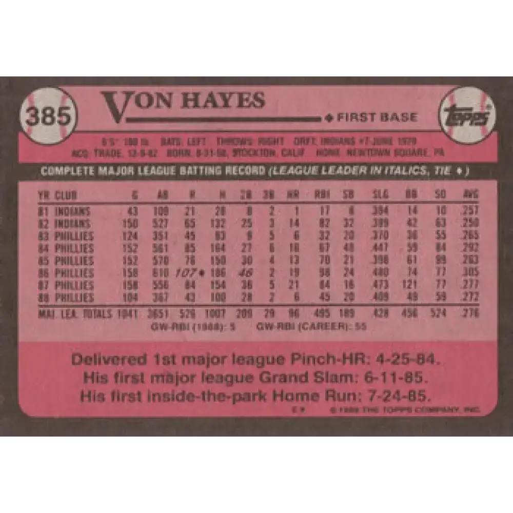 1989 Topps #385 Von Hayes NM-MT Philadelphia Phillies Baseball Card - Baseball Card Single