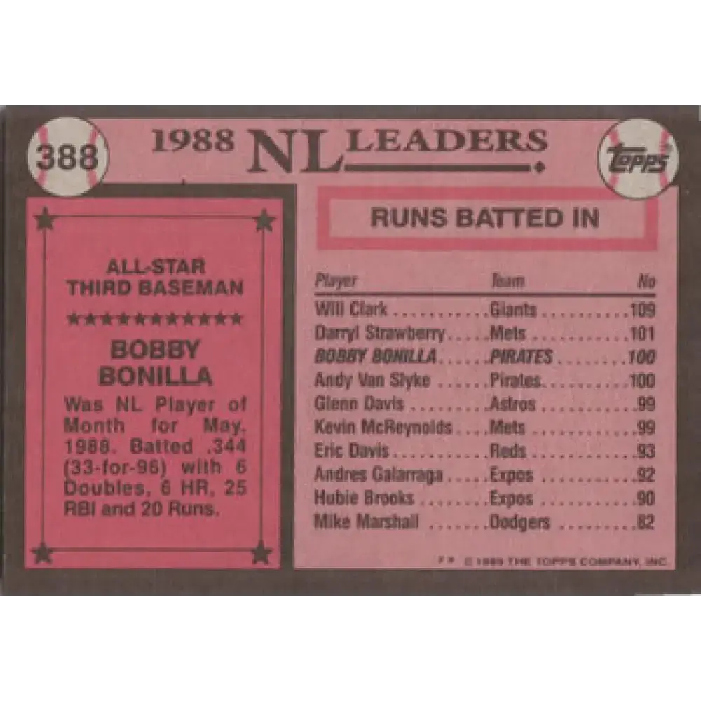 1989 Topps #388 Bobby Bonilla AS NM-MT Pittsburgh Pirates Baseball Card - Baseball Card Single
