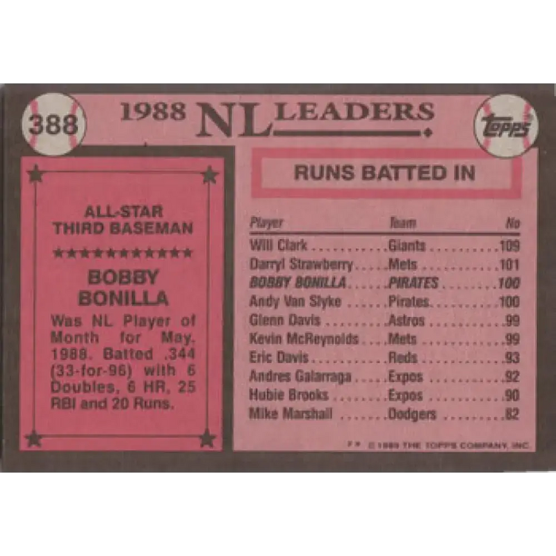 1989 Topps #388 Bobby Bonilla AS NM-MT Pittsburgh Pirates Baseball Card - Baseball Card Single