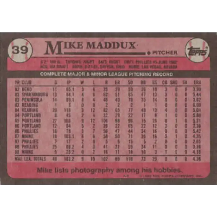 1989 Topps #39 Mike Maddux NM-MT Philadelphia Phillies Baseball Card - Baseball Card Single