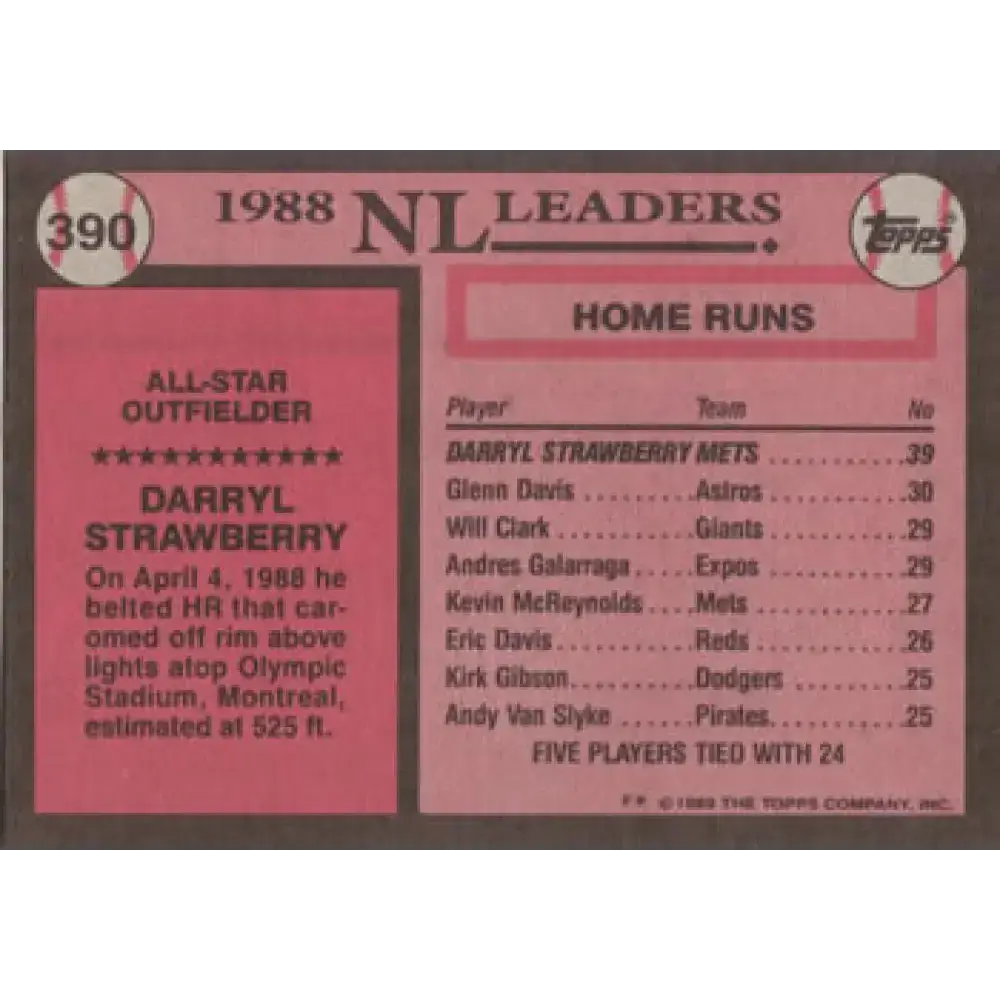 1989 Topps #390 Darryl Strawberry AS NM-MT New York Mets Baseball Card - Baseball Card Single