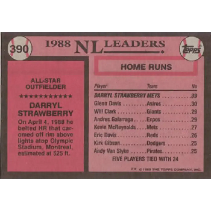 1989 Topps #390 Darryl Strawberry AS NM-MT New York Mets Baseball Card - Baseball Card Single