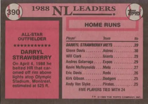1988 Topps Darryl Strawberry baseball card back with original gloss from 1989 Topps #390