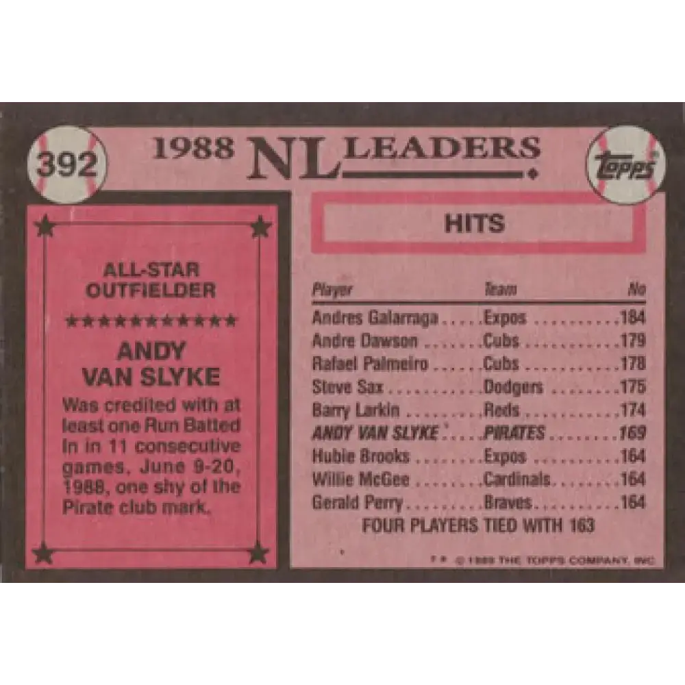 1989 Topps #392 Andy Van Slyke AS NM-MT Pittsburgh Pirates Baseball Card - Baseball Card Single