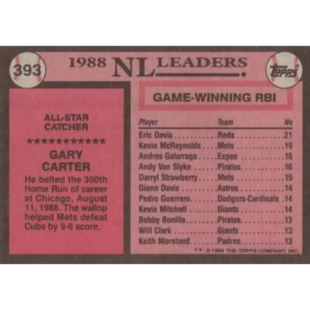 1989 Topps #393 Gary Carter AS NM-MT New York Mets Baseball Card - Baseball Card Single