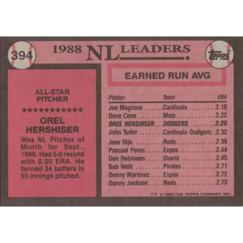 1989 Topps #394 Orel Hershiser AS NM-MT Los Angeles Dodgers Baseball Card - Baseball Card Single