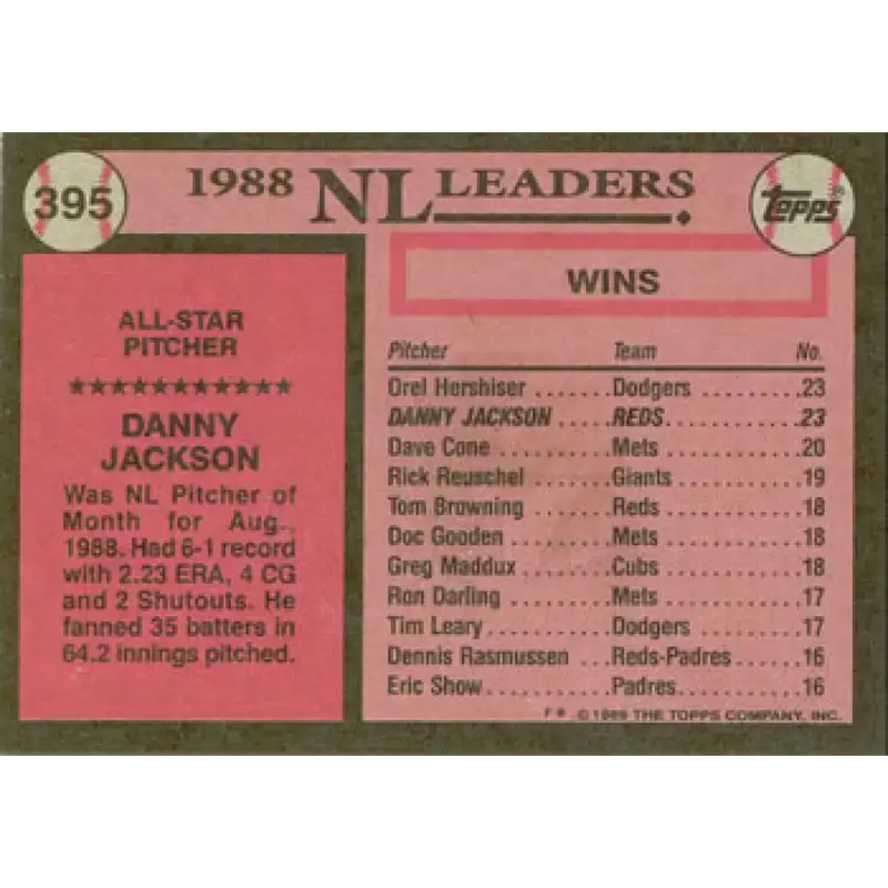 1989 Topps #395 Danny Jackson AS NM-MT Cincinnati Reds Baseball Card - Baseball Card Single