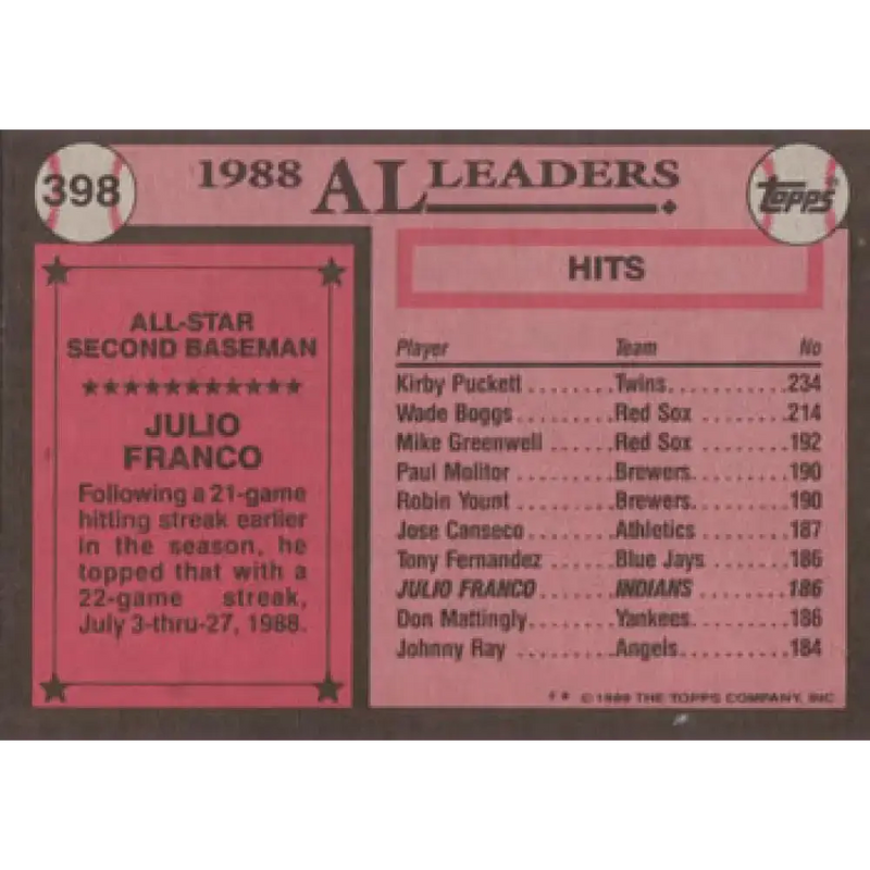 1989 Topps #398 Julio Franco AS NM-MT Cleveland Indians Baseball Card - Baseball Card Single