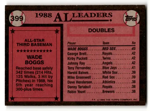 1989 Topps #399 Wade Boggs NM Near Mint Red Sox AS ID:58439 - Baseball Card Single