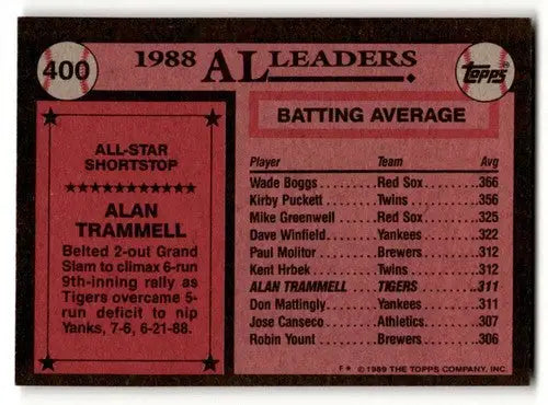1989 Topps #400 Alan Trammell Detroit Tigers Baseball Cards EX/NM ID:61560 - Baseball Card Single