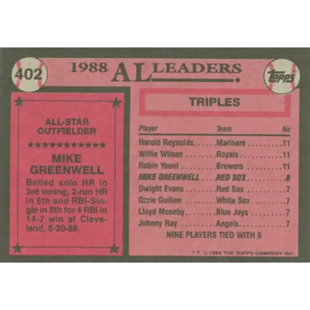 1989 Topps #402 Mike Greenwell AS NM-MT Boston Red Sox Baseball Card - Baseball Card Single