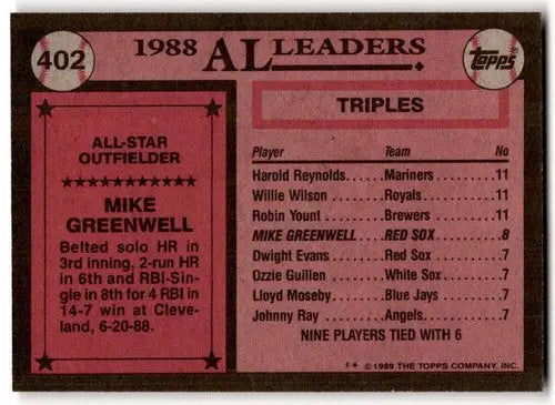 1988 baseball card featuring Mike Greenwell from 1989 Topps #402 with original gloss