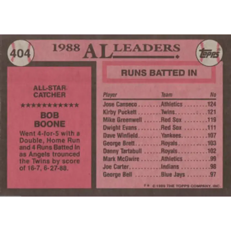 1989 Topps #404 Bob Boone AS NM-MT California Angels Baseball Card - Baseball Card Single