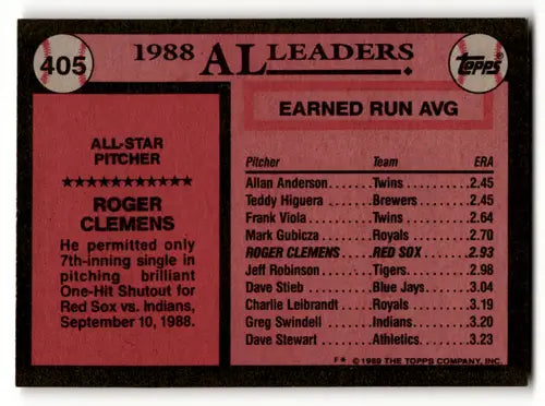1989 Topps #405 Roger Clemens NM Near Mint Red Sox AS ID:58440 - Baseball Card Single