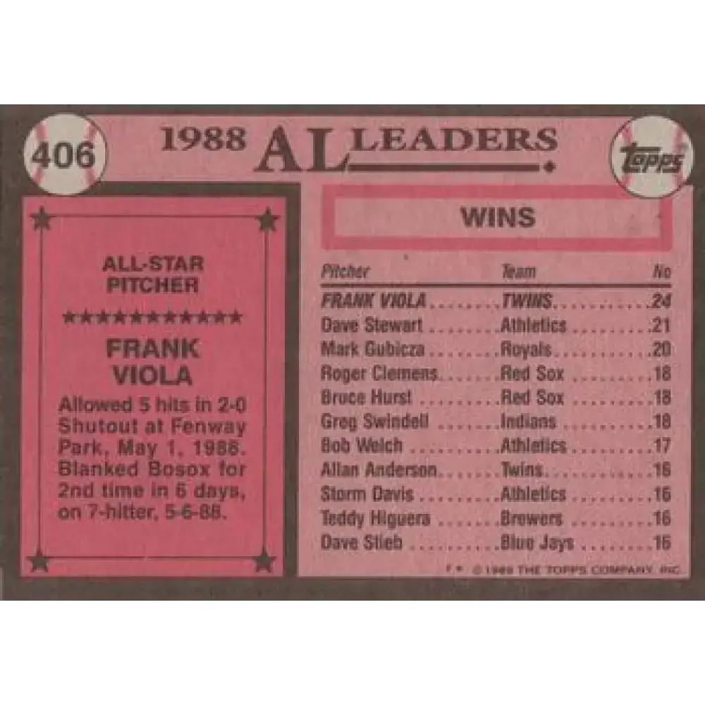 1989 Topps #406 Frank Viola AS NM-MT Minnesota Twins Baseball Card - Baseball Card Single