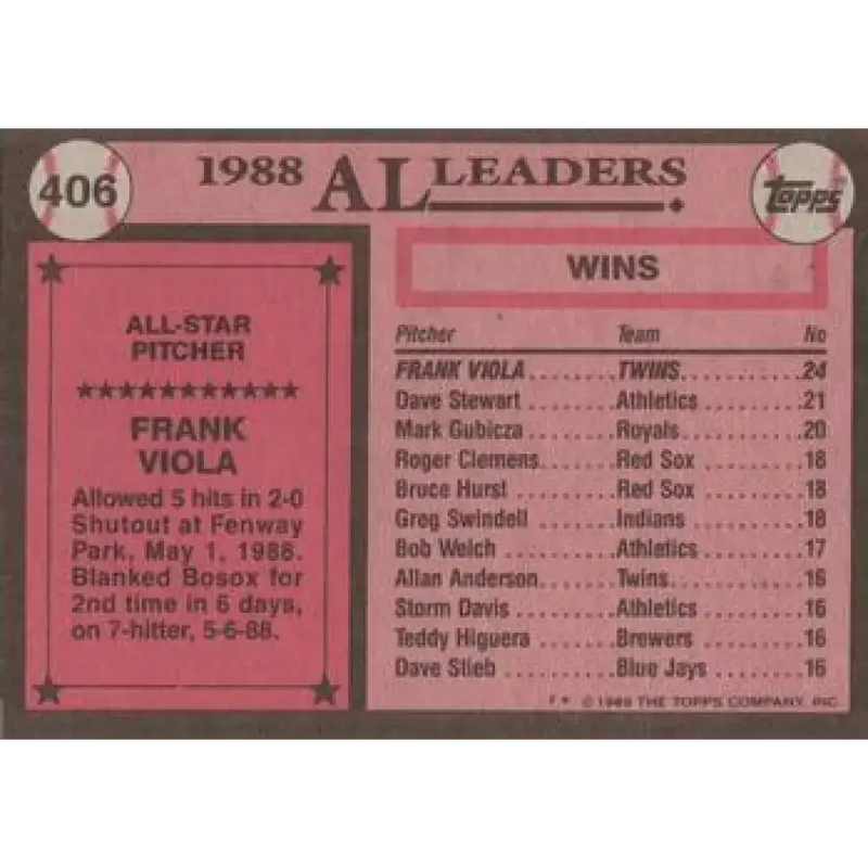 1989 Topps #406 Frank Viola AS NM-MT Minnesota Twins Baseball Card - Baseball Card Single