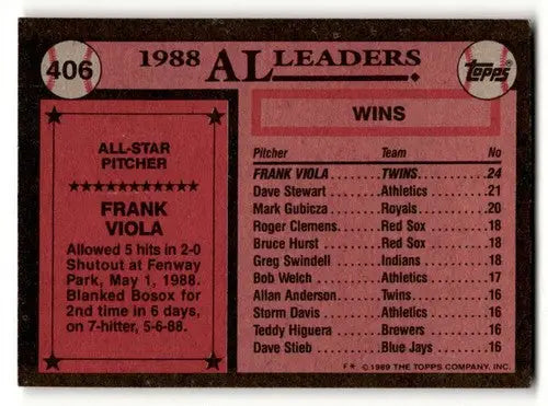 1989 Topps #406 Frank Viola Minnesota Twins Baseball Cards EX/NM ID:61561 - Baseball Card Single