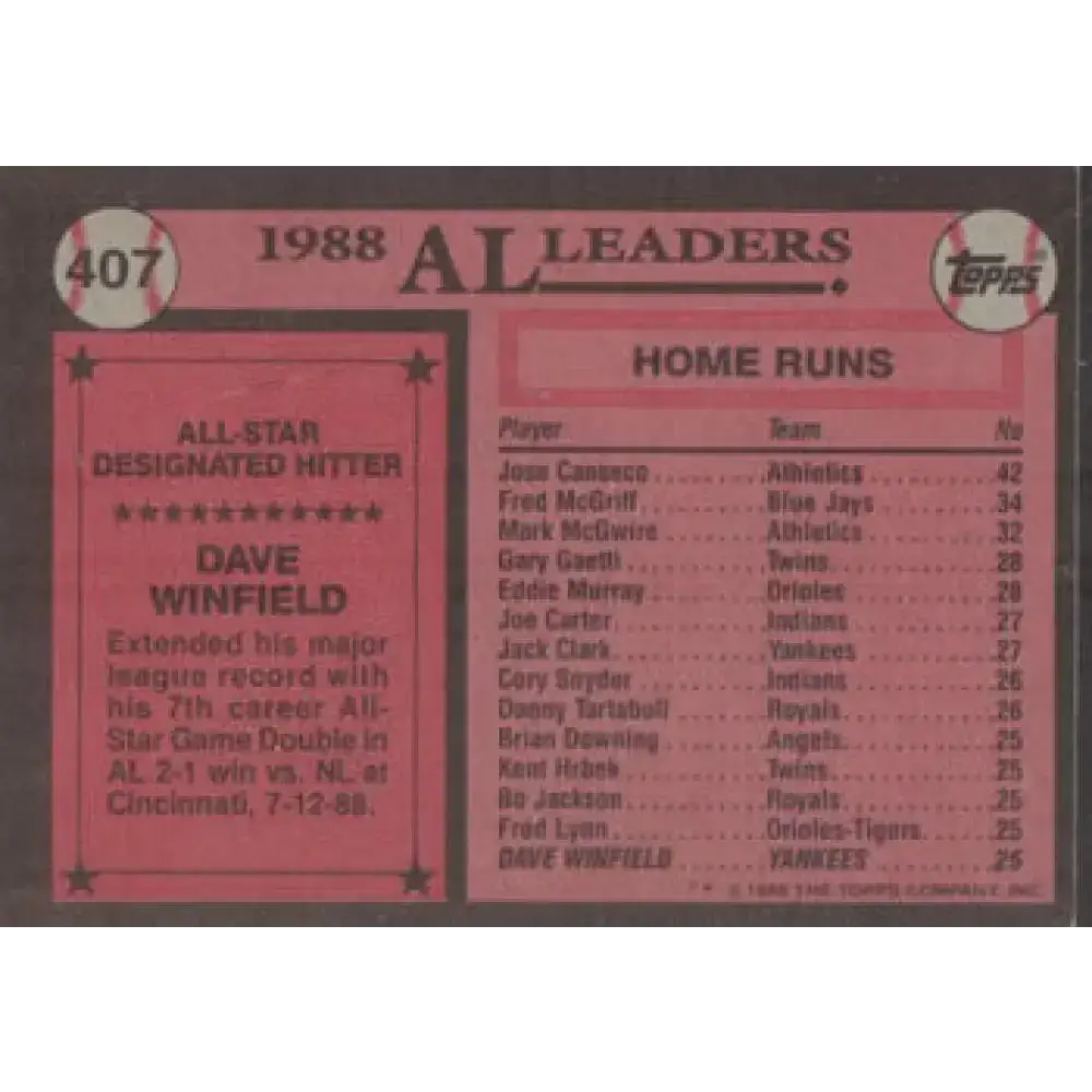 1989 Topps #407 Dave Winfield AS NM-MT New York Yankees Baseball Card - Baseball Card Single