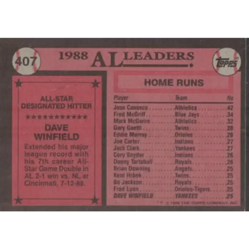 1989 Topps #407 Dave Winfield AS NM-MT New York Yankees Baseball Card - Baseball Card Single