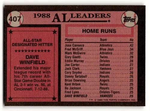 1988 Topps baseball card back featuring Dave Winfield Yankees baseball cards NM