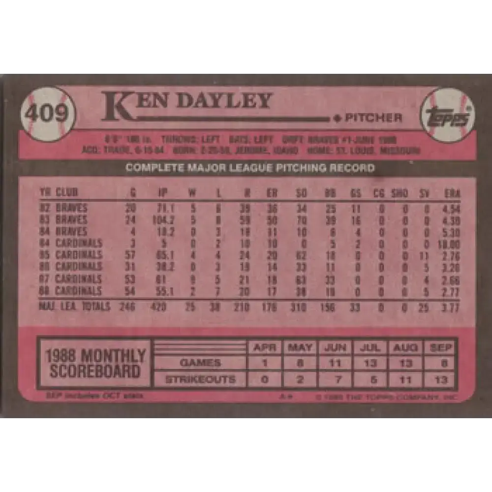 1989 Topps #409 Ken Dayley NM-MT St. Louis Cardinals Baseball Card - Baseball Card Single