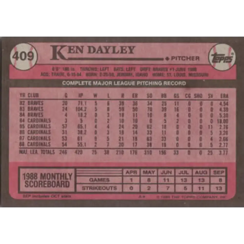1989 Topps #409 Ken Dayley NM-MT St. Louis Cardinals Baseball Card - Baseball Card Single