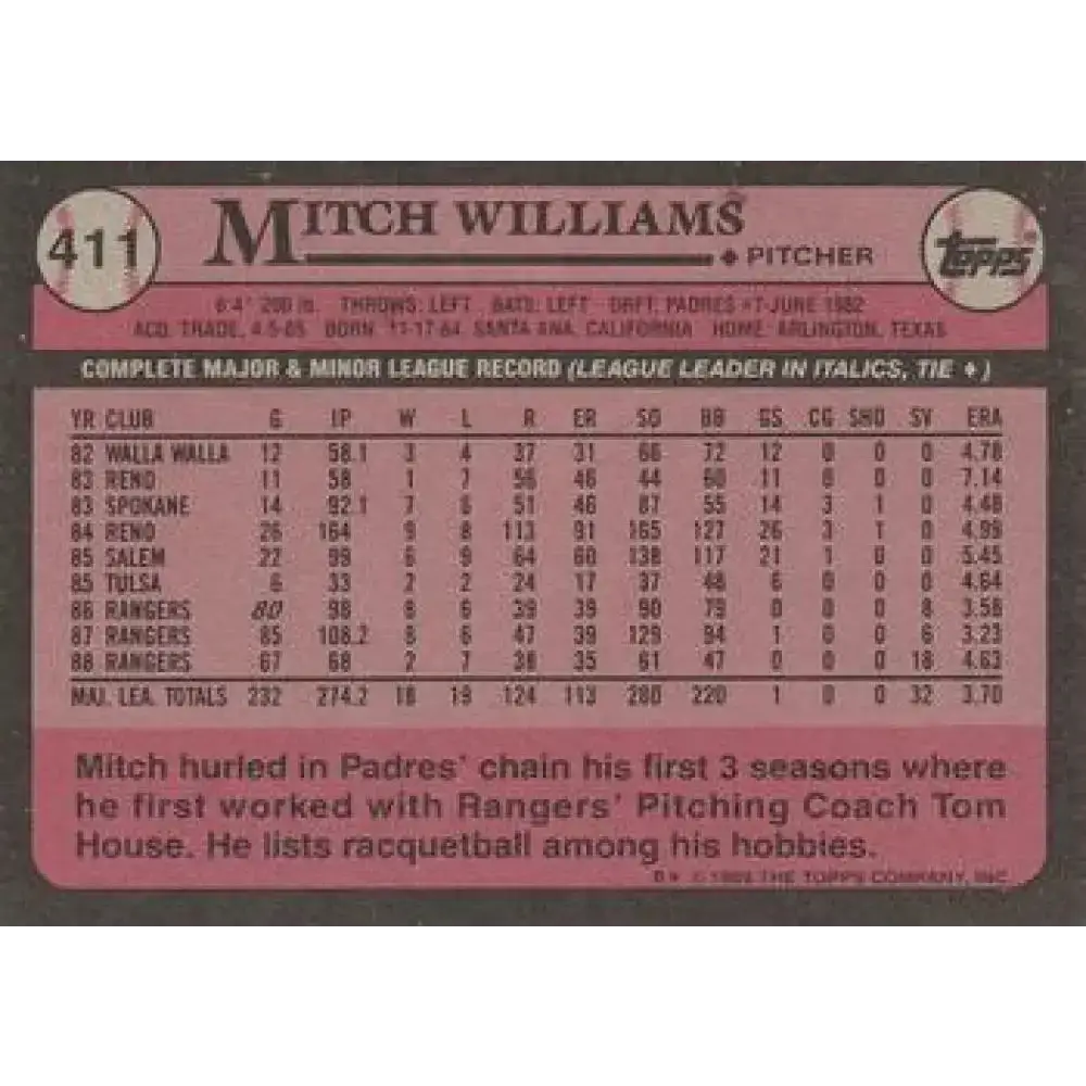 1989 Topps #411 Mitch Williams NM-MT Texas Rangers Baseball Card - Baseball Card Single