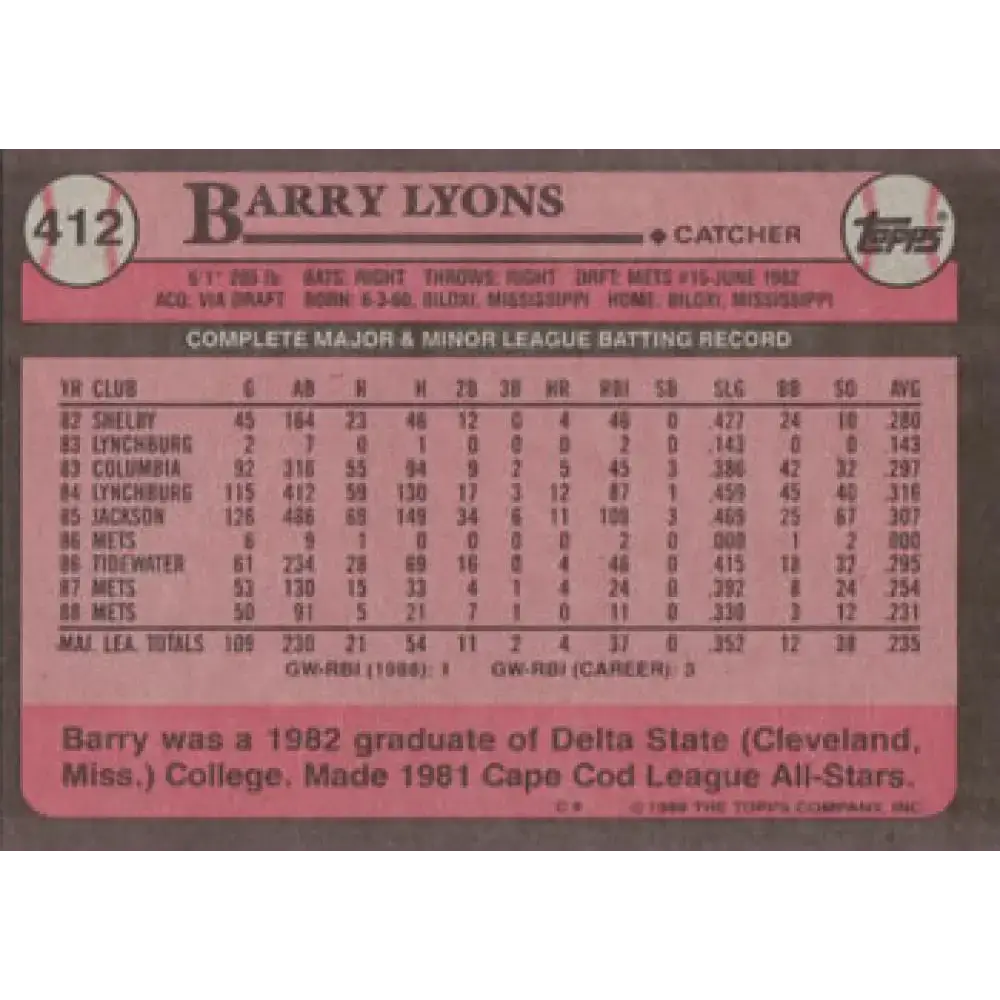 1989 Topps #412 Barry Lyons NM-MT New York Mets Baseball Card - Baseball Card Single
