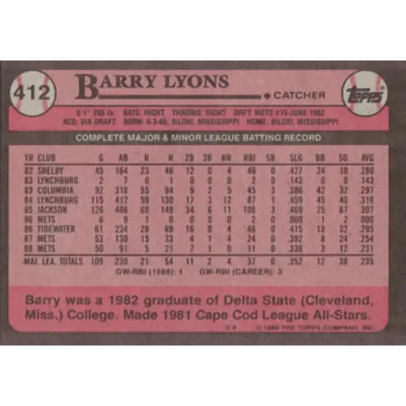 1989 Topps #412 Barry Lyons NM-MT New York Mets Baseball Card - Baseball Card Single
