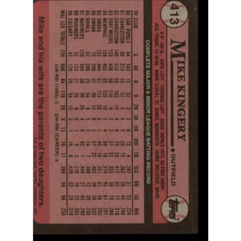 1989 Topps #413 Mike Kingery NM-MT Seattle Mariners Baseball Card - Baseball Card Single