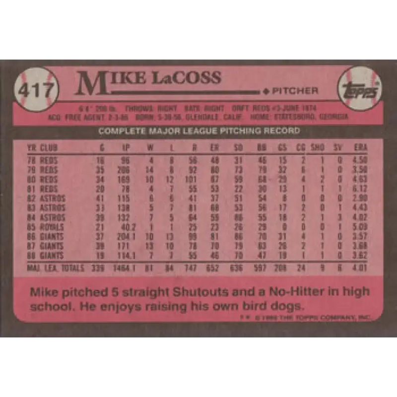 1989 Topps #417 Mike LaCoss NM-MT San Francisco Giants Baseball Card - Baseball Card Single