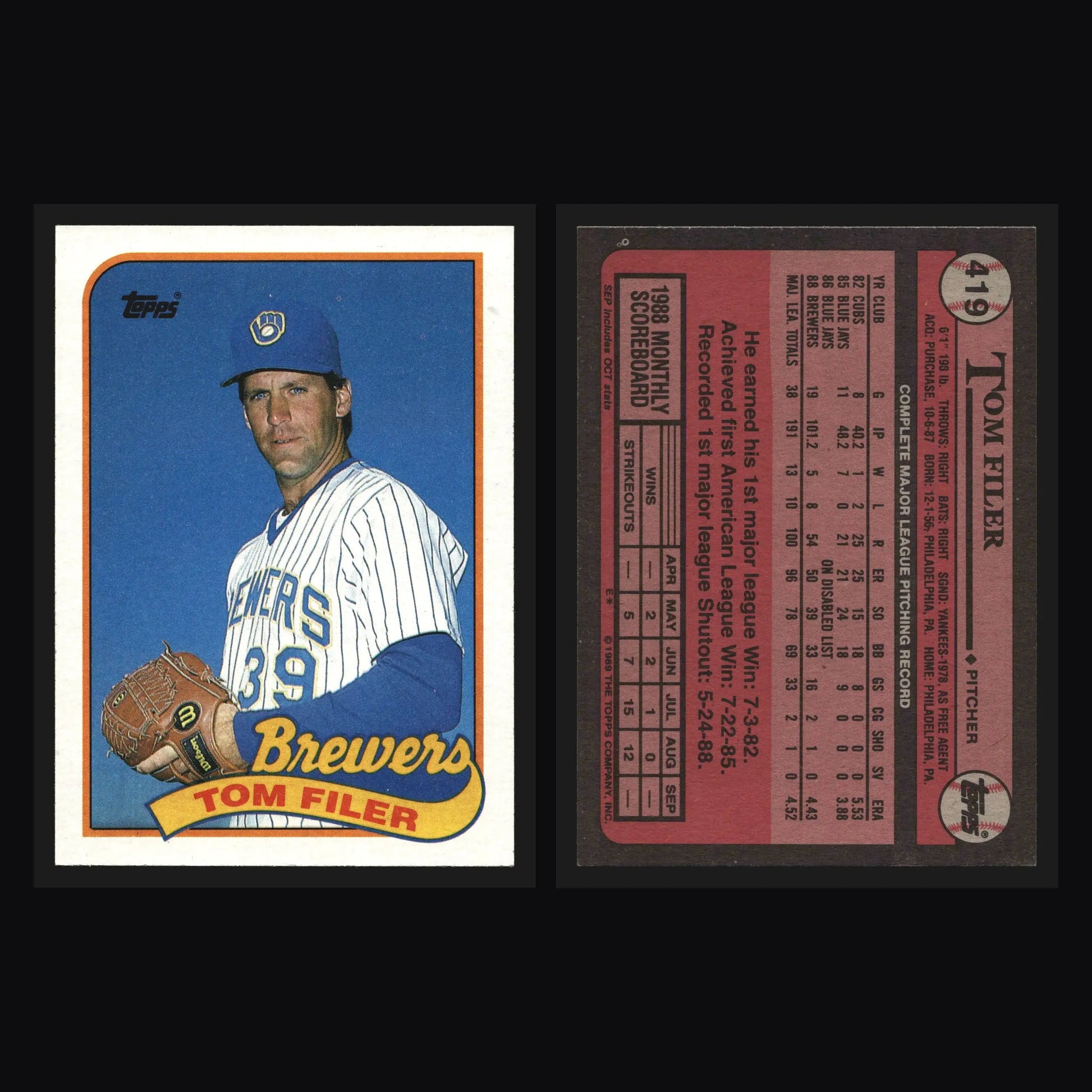 1989 Topps #419 Tom Filer Milwaukee Brewers - Baseball Card Single