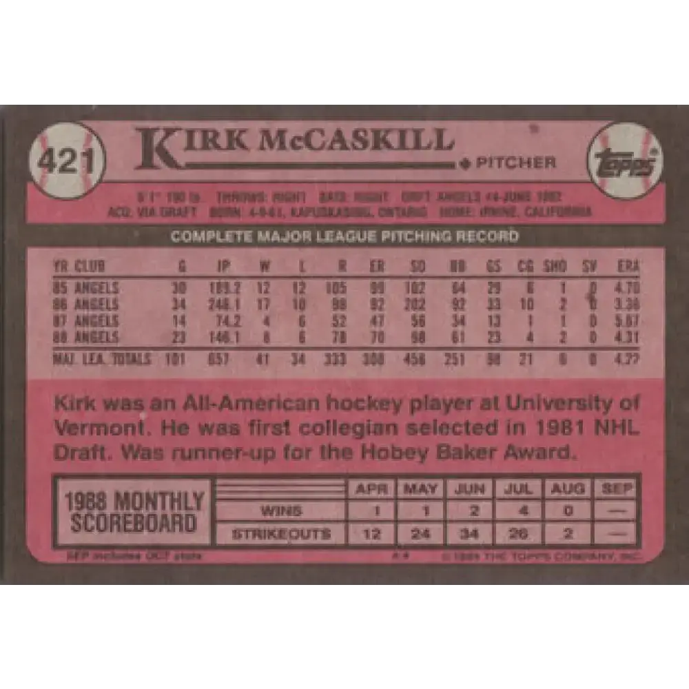 1989 Topps #421 Kirk McCaskill NM-MT California Angels Baseball Card - Baseball Card Single