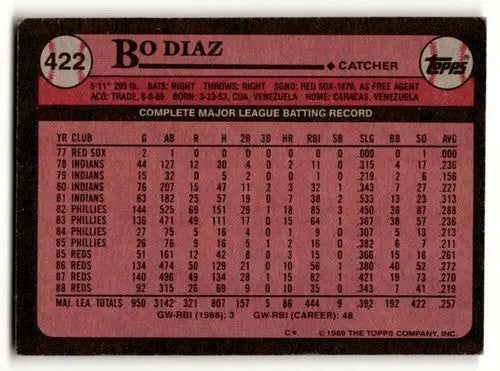 Original gloss Bo Diaz Cincinnati Reds baseball card from 1989 Topps #422