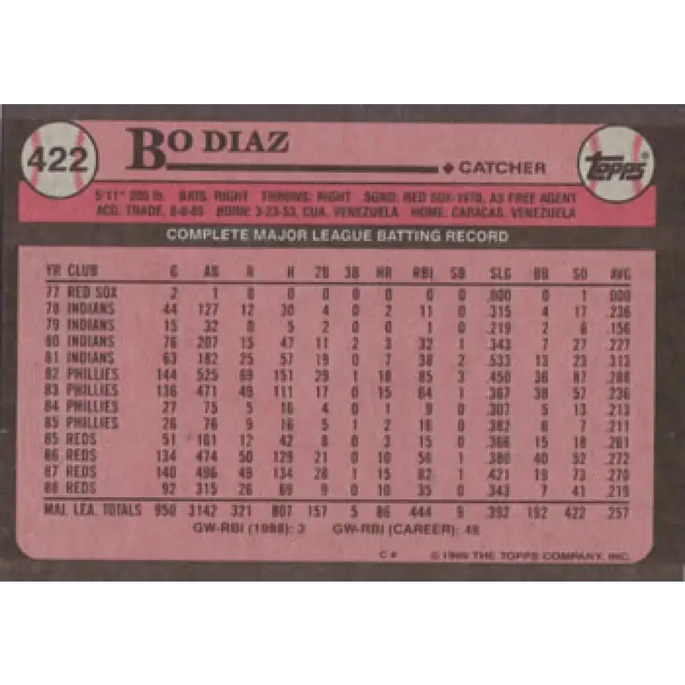 1989 Topps #422 Bo Diaz NM-MT Cincinnati Reds Baseball Card - Baseball Card Single