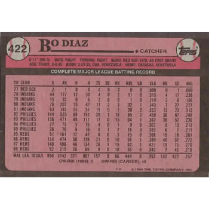 1989 Topps #422 Bo Diaz NM-MT Cincinnati Reds Baseball Card - Baseball Card Single