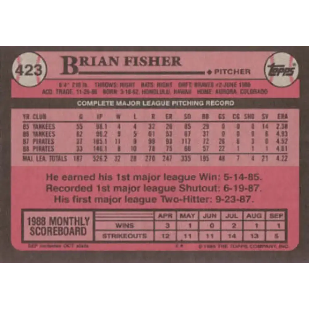 1989 Topps #423 Brian Fisher NM-MT Pittsburgh Pirates Baseball Card - Baseball Card Single